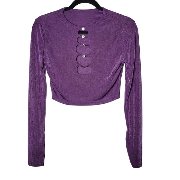 Shein Womens Purple Long Sleeve Cut Out Flower Rhinestone Crop Top Size Small - Picture 1 of 9